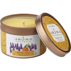 RELAXING AROMATHERAPY by Aroma Naturals - ONE 2.5x1.75 inch TIN SOY AROMATHERAPY CANDLE.  COMBINES THE ESSENTIAL OILS OF LAVENDER AND TANGERINE TO CREATE A FRAGRANCE THAT REDUCES STRESS.  BURNS APPROX. 15 HRS